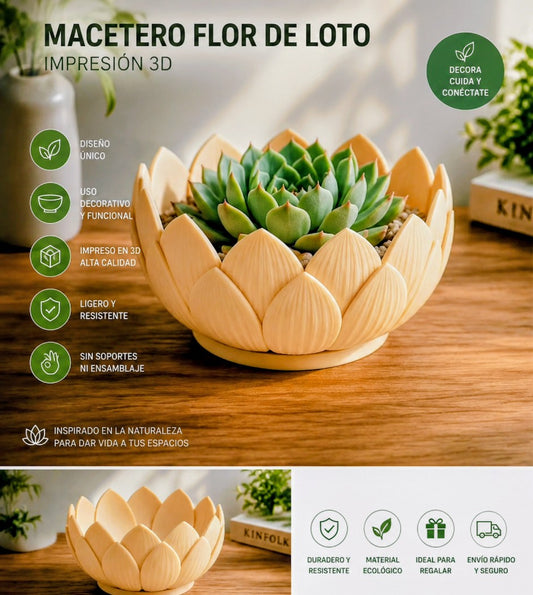 Macetero Flor de Loto Impreso en 3D para Suculentas | Decoración Moderna