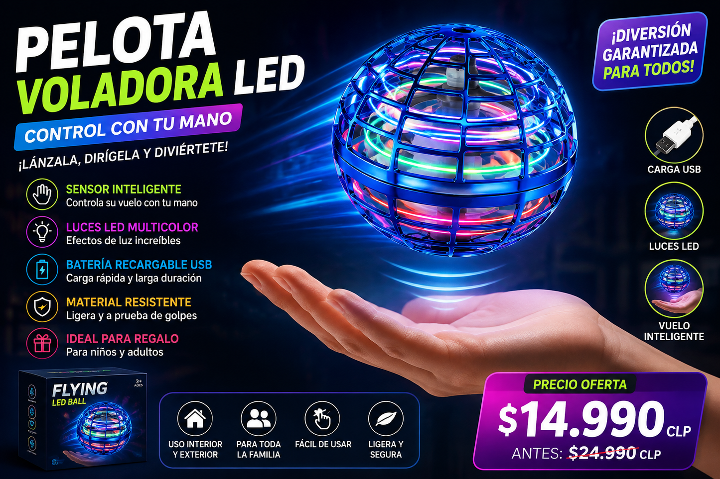 Pelota Voladora Flotante con Sensor LED | Juguete Interactivo para Niños