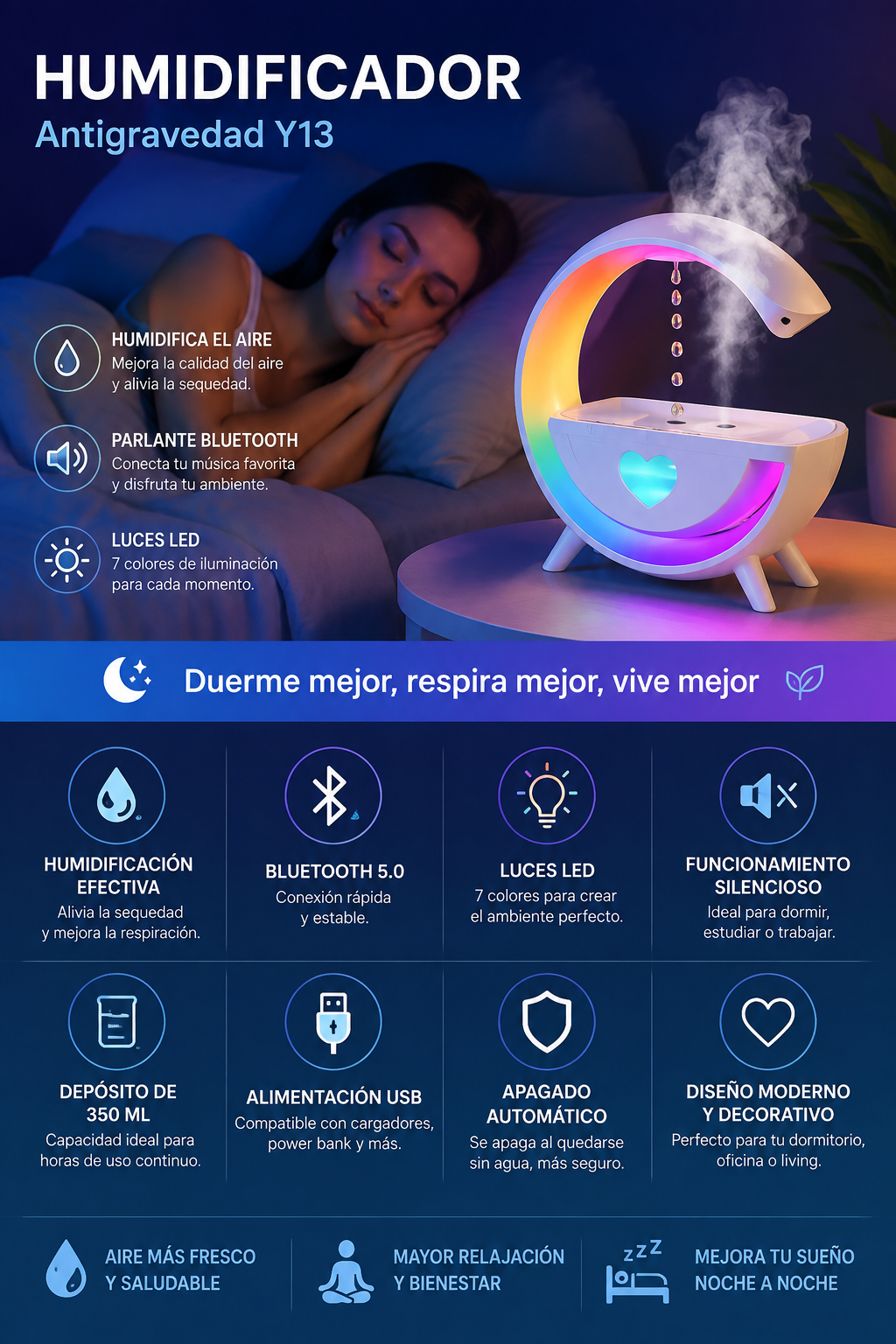 Humidificador Antigravedad Y13 con Bluetooth y Luces LED