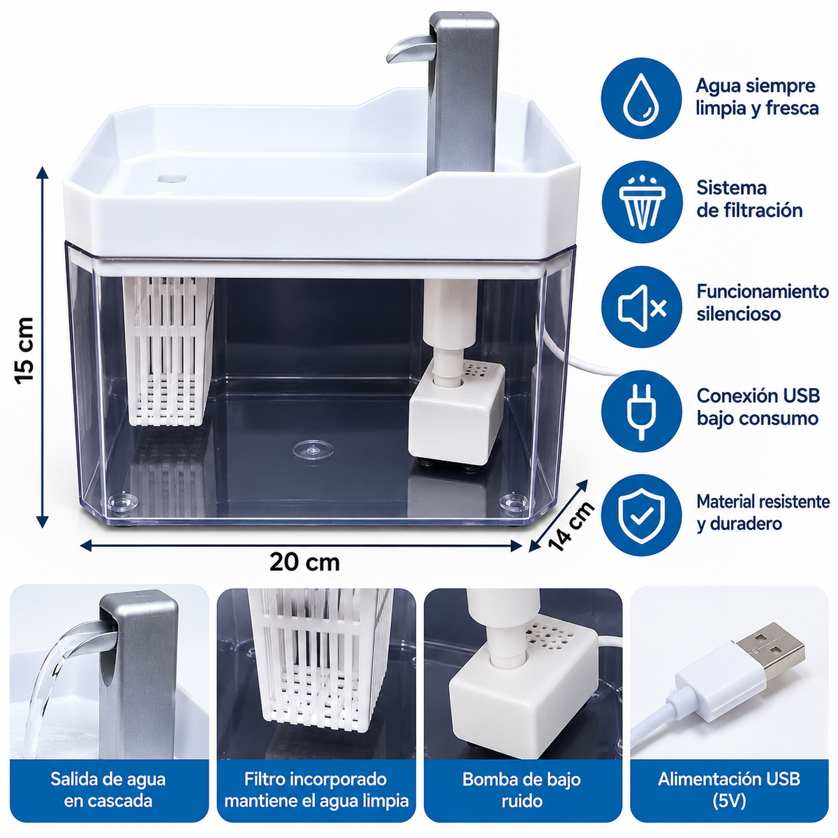 Fuente de Agua Automática para Mascotas con Filtro USB