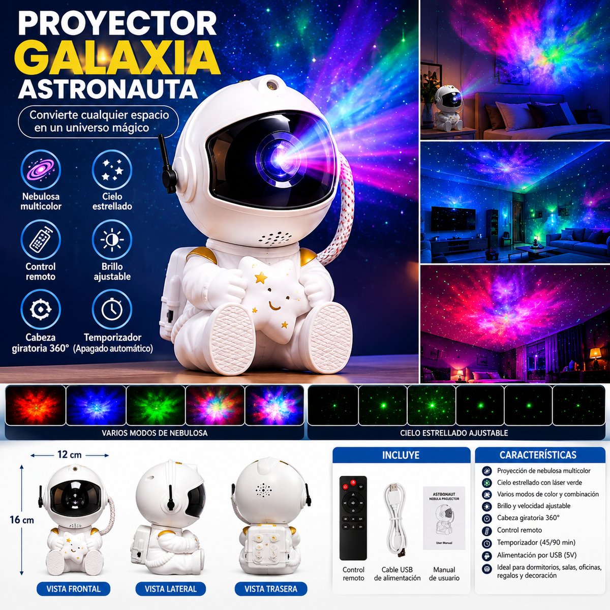 Proyector Galaxia Astronauta LED con Nebulosa y Cielo Estrellado