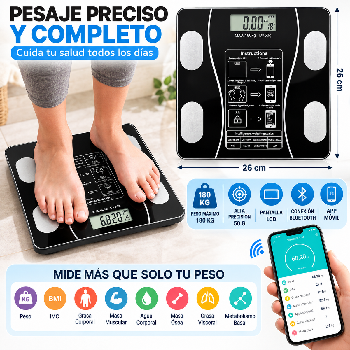 Balanza Inteligente Bluetooth 180 kg